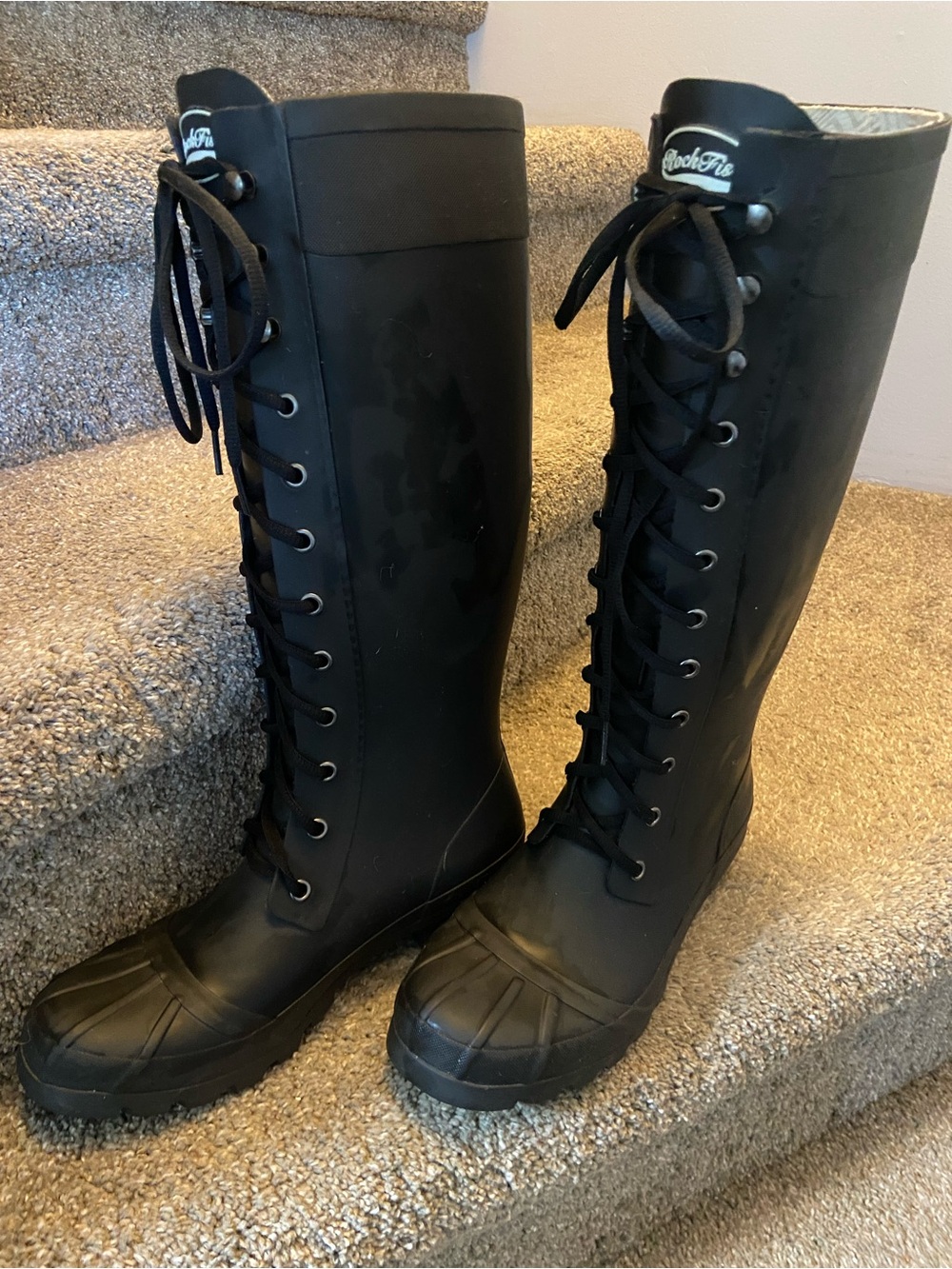 Rockfish Waterproof Lace-Up Tall Rain Boots - Black size 8.5-9